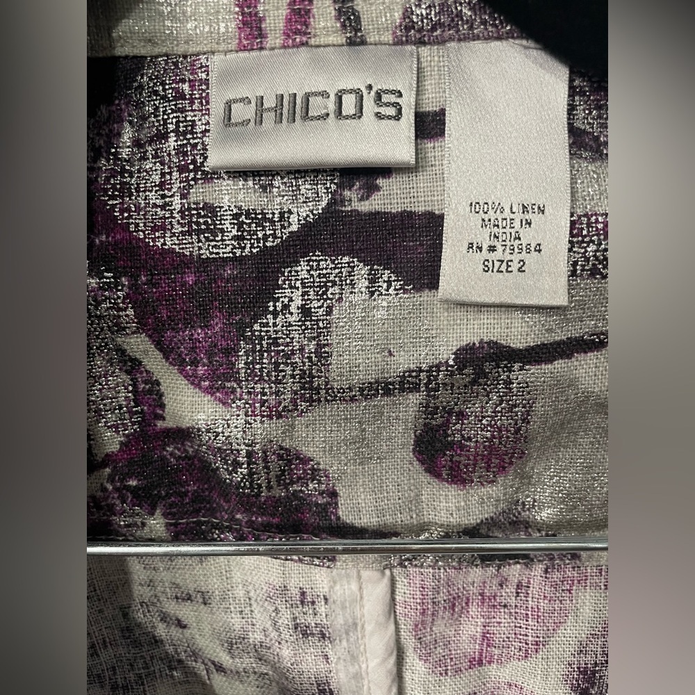 Chicos Women's Size 2 (med) Purple Gray Silver Metallic 100%Linen Jacket Blazer - Picture 7 of 17